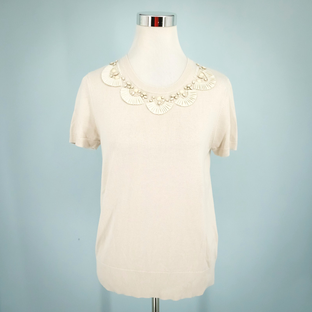 Brooks Brothers Size Medium M Tan Beaded Crew Short Sleeve Silk Cashmere Sweater